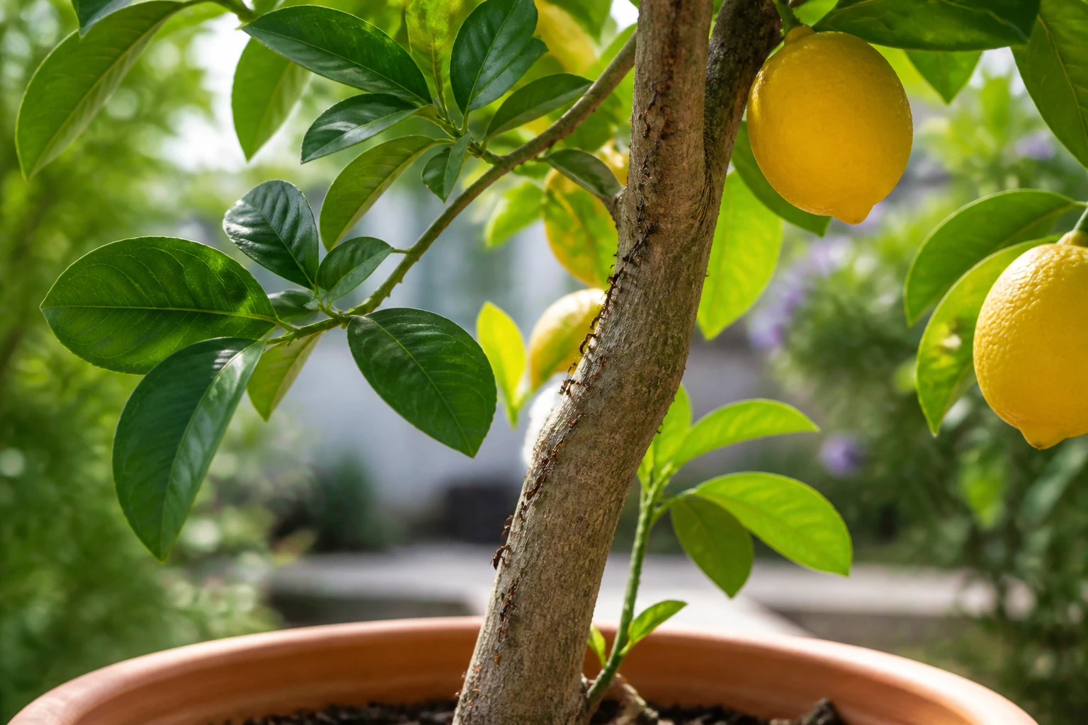 File de fourmis grimpant sur le tronc d'un citronnier en pot dans un jardin