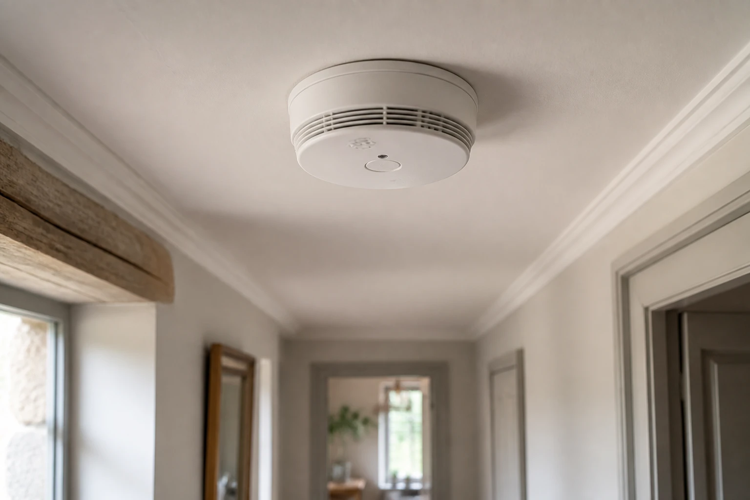 Détecteur de fumée blanc fixé au plafond d'un couloir dans une maison rénovée