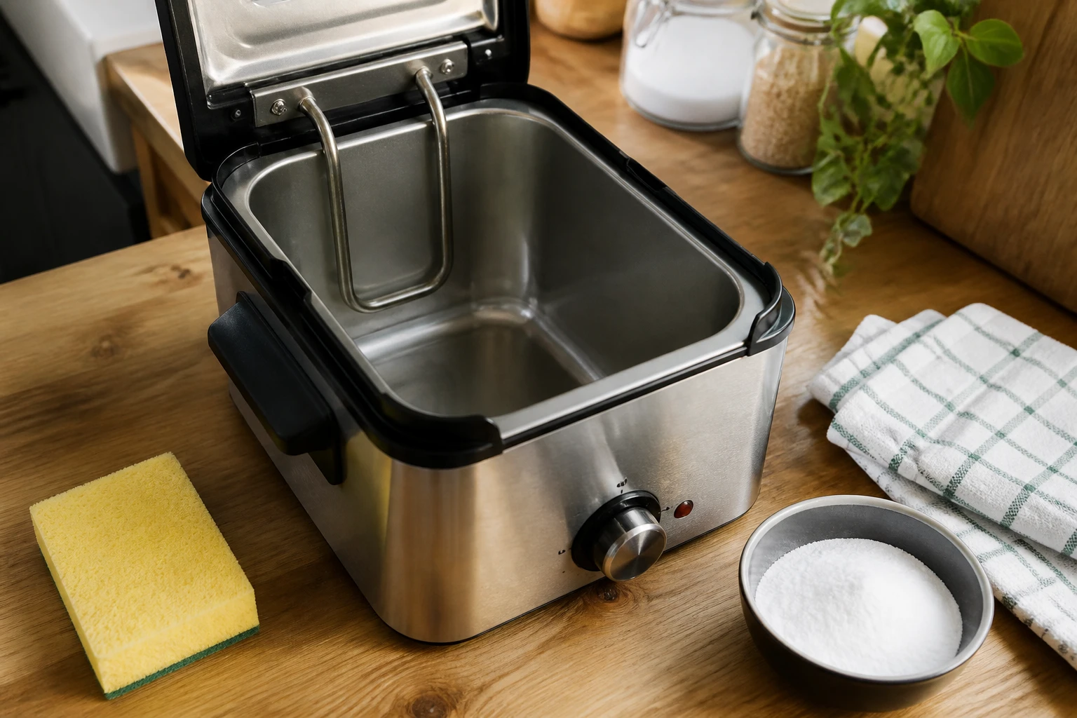 Cuve de friteuse électrique nettoyée avec bicarbonate, éponge et chiffon sur un plan de travail