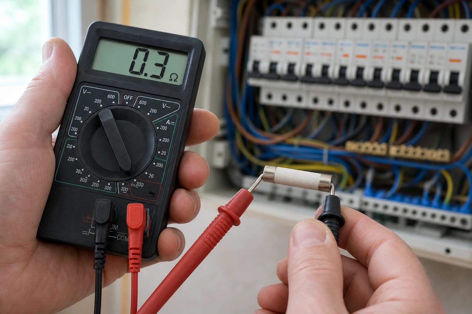 Test d'un fusible électrique avec un multimètre pour vérifier s'il est mort ou fonctionnel