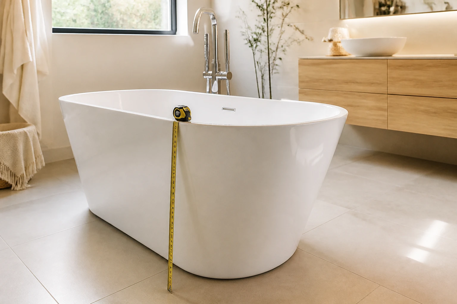 Mètre ruban mesurant la hauteur d'une baignoire îlot blanche dans une salle de bain lumineuse