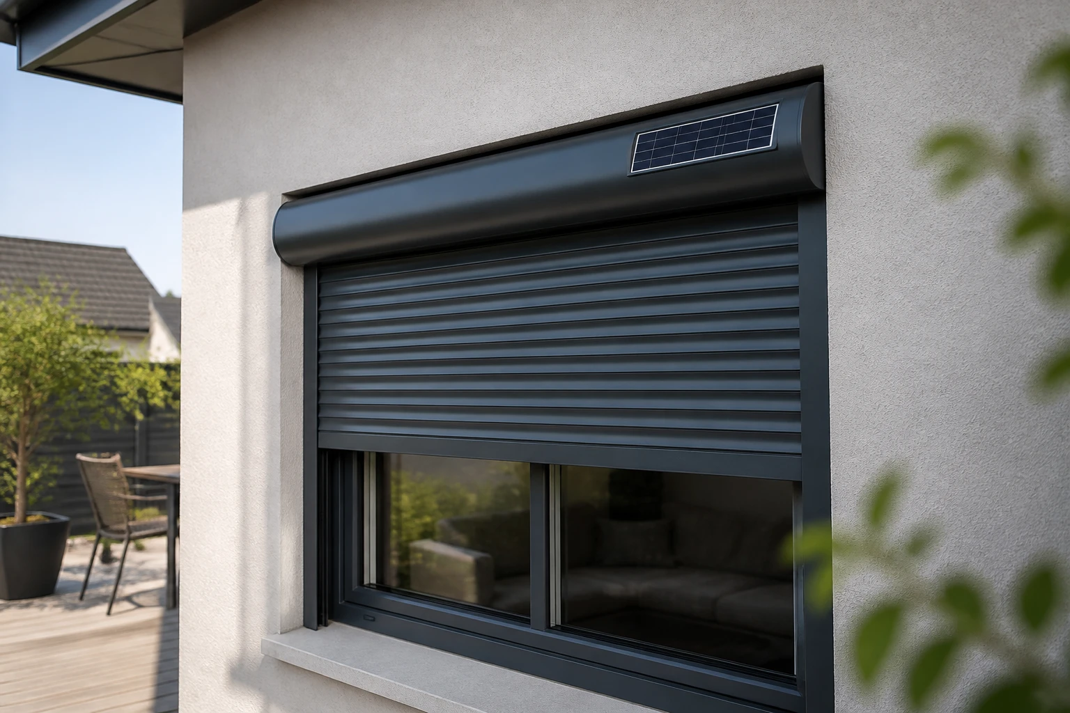 Volet roulant solaire installé sur une fenêtre de maison avec panneau photovoltaïque visible