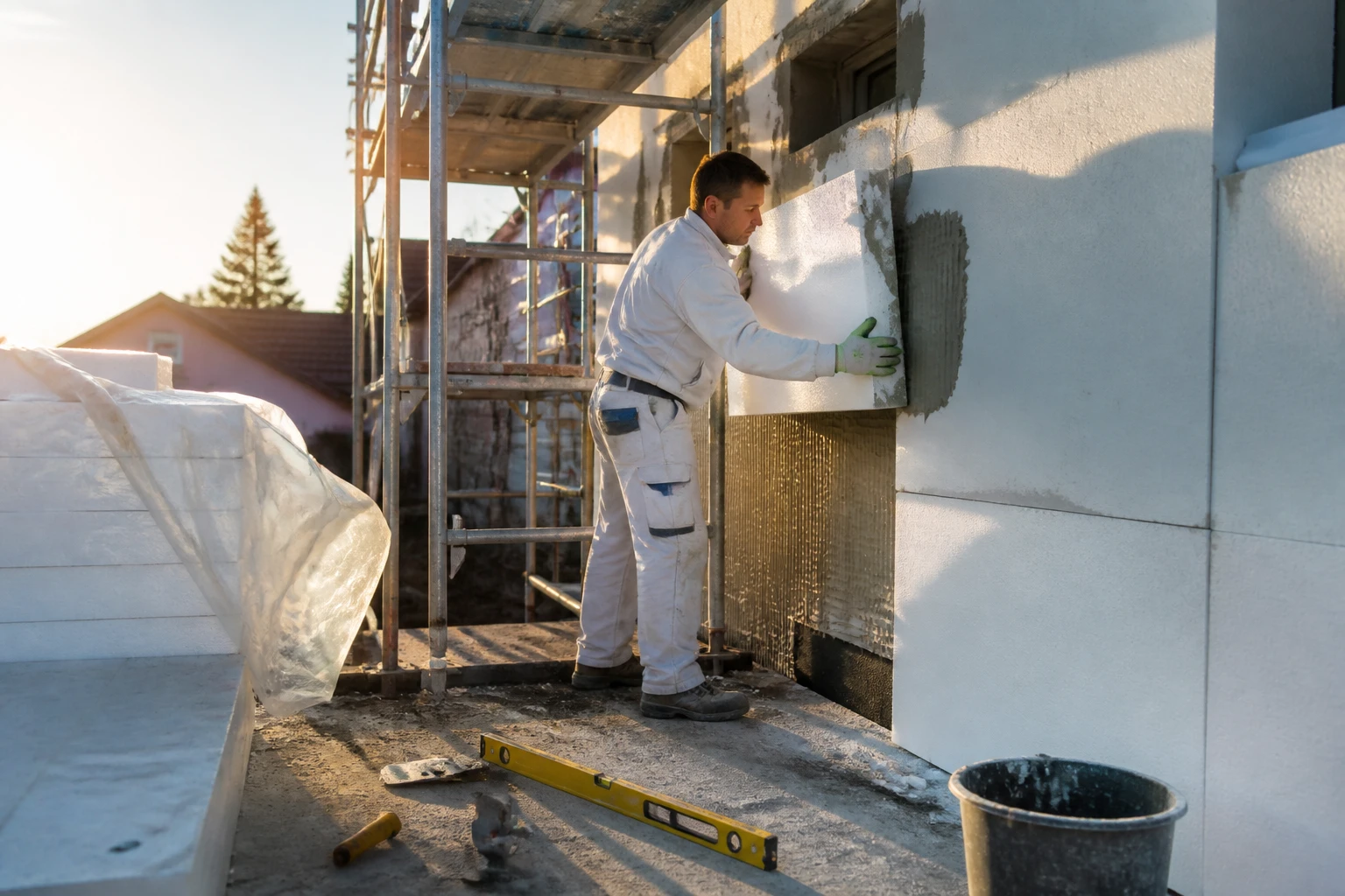 Particulier posant des panneaux isolants sur la façade extérieure d'une maison en rénovation