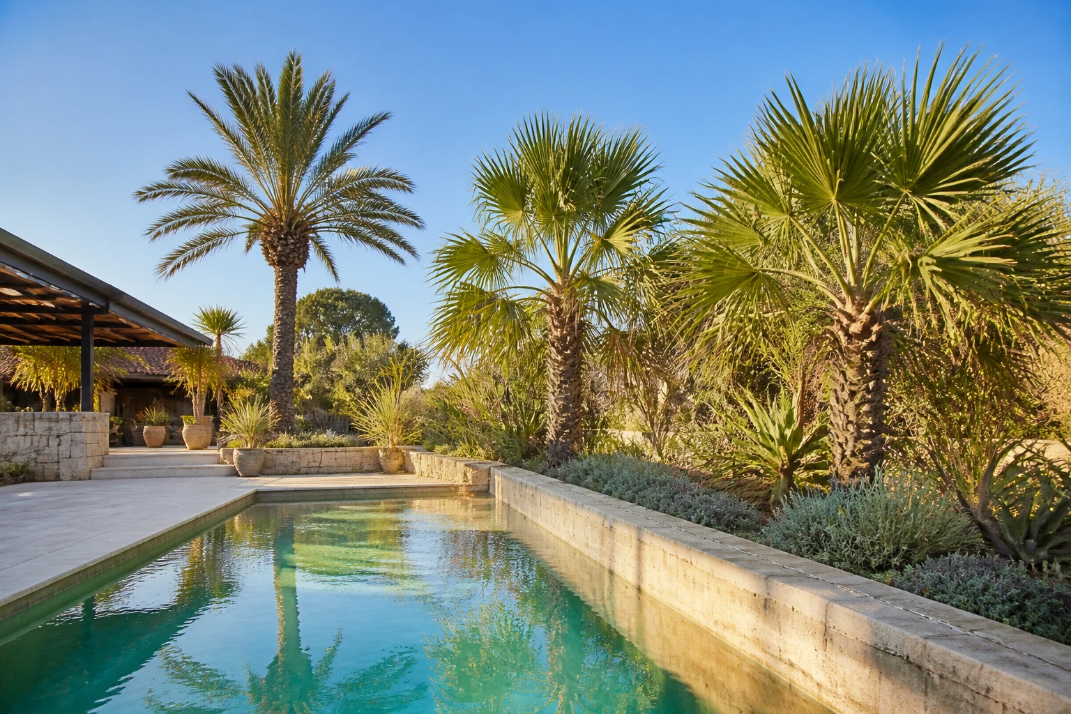Palmiers plantés autour d'une piscine turquoise avec terrasse en pierre au soleil