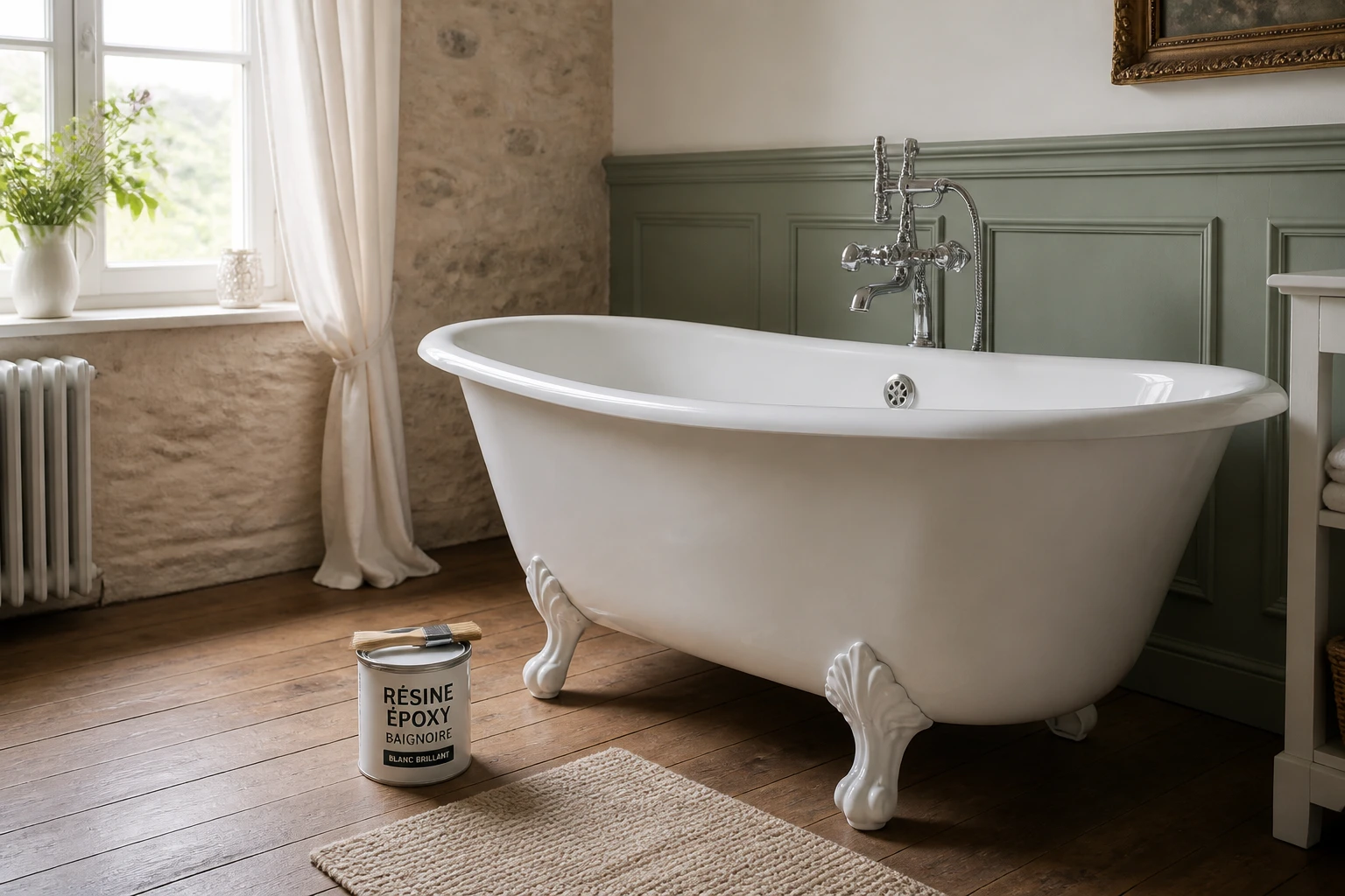 Baignoire en fonte repeinte à la résine époxy blanche dans une salle de bain rénovée
