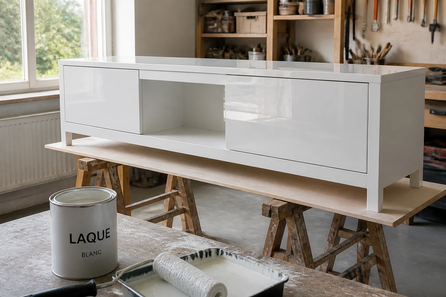 Meuble en bois repeint en blanc laqué brillant posé sur des tréteaux avec pot de peinture et rouleau