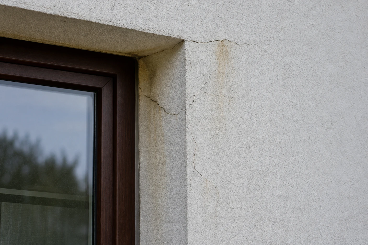 Fissures et taches d'humidité sur un enduit d'isolation extérieure autour d'une fenêtre