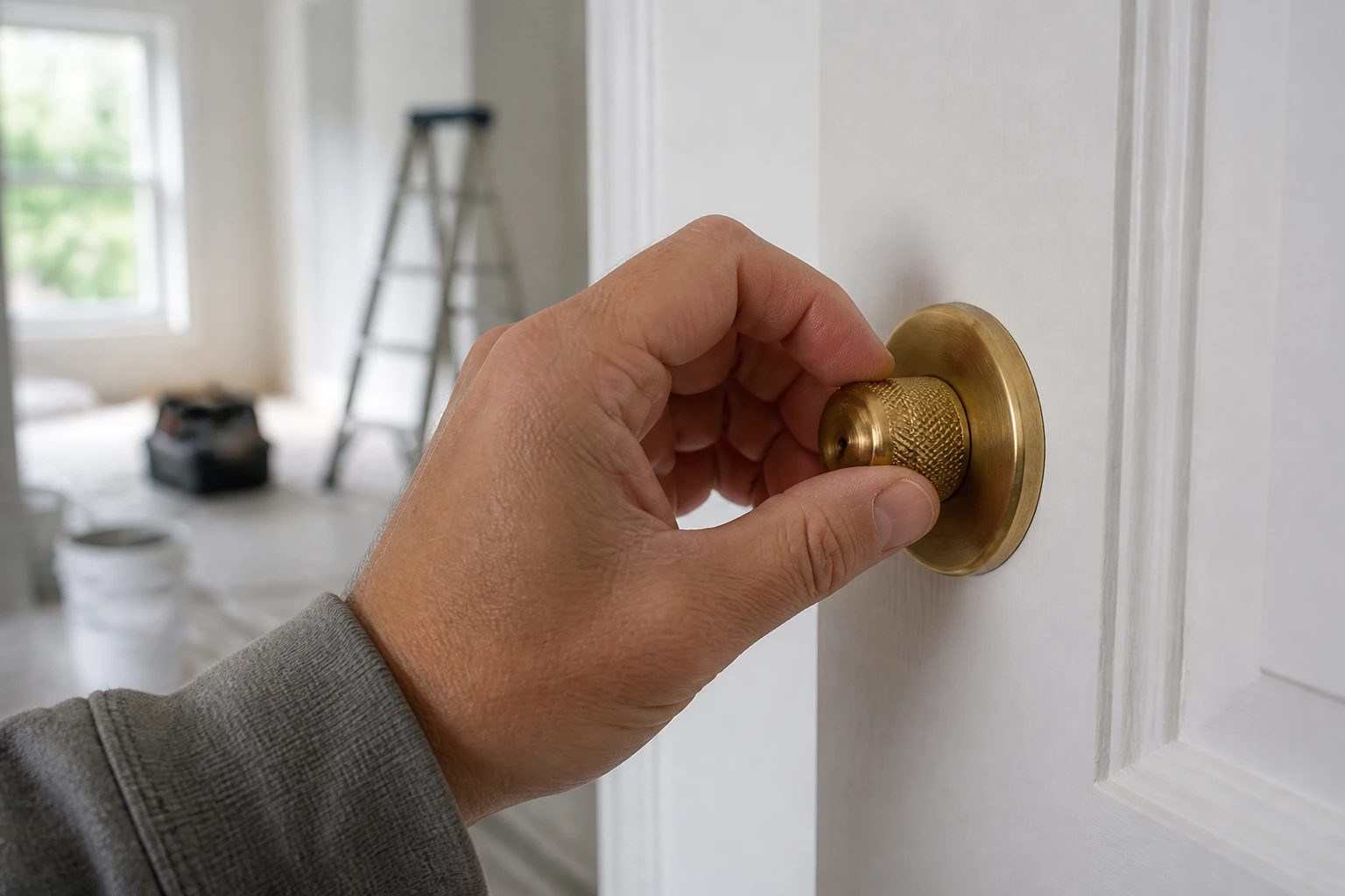 Main tournant un bouton moleté en laiton sur une porte intérieure blanche