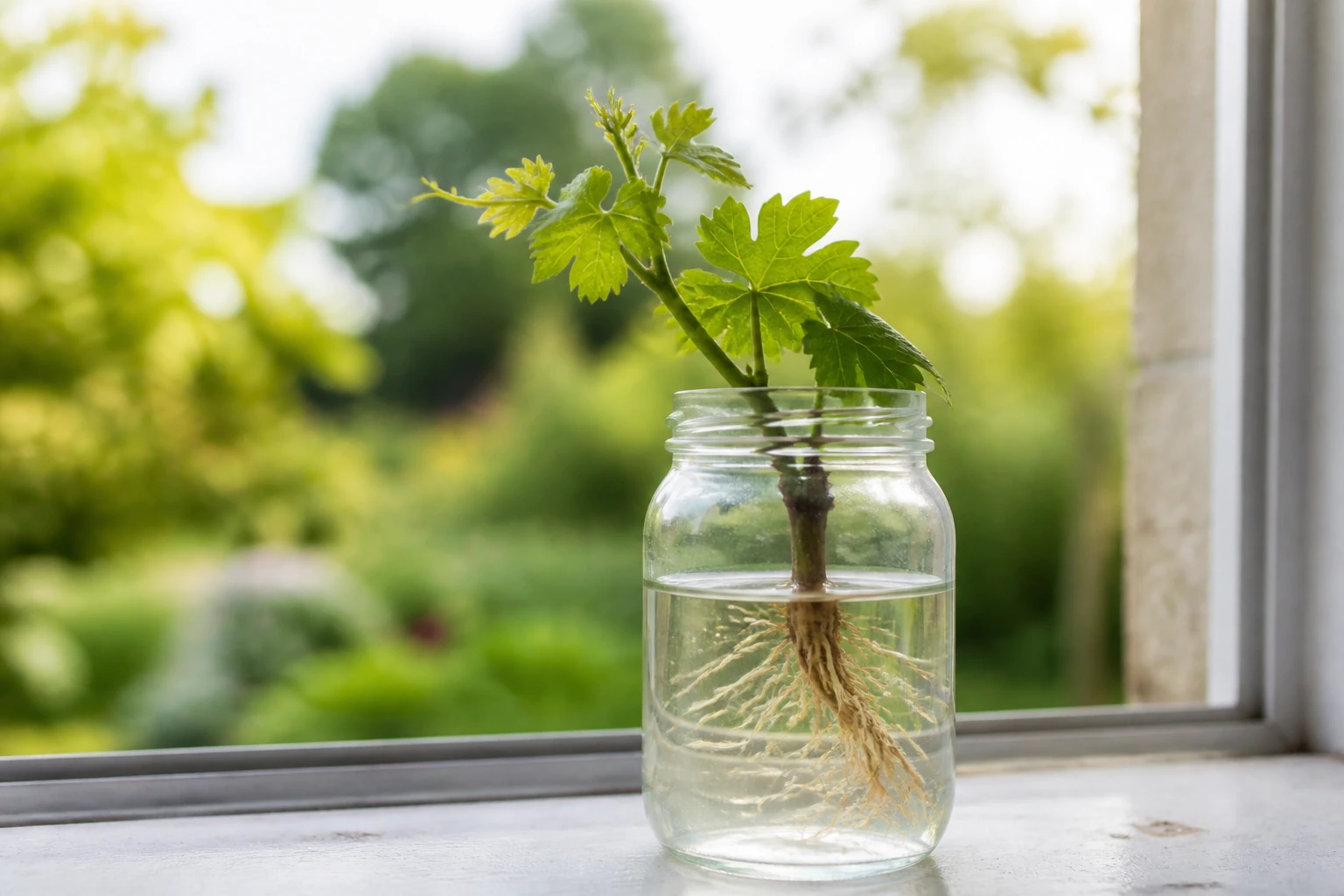 Bouture de vigne avec racines visibles dans un bocal en verre transparent posé sur un rebord de fenêtre