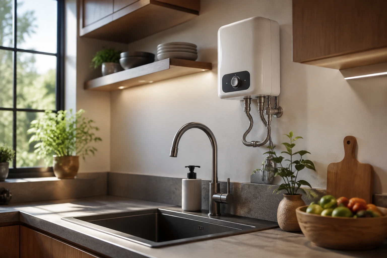 Chauffe-eau instantané électrique fixé au mur au-dessus d'un évier de cuisine
