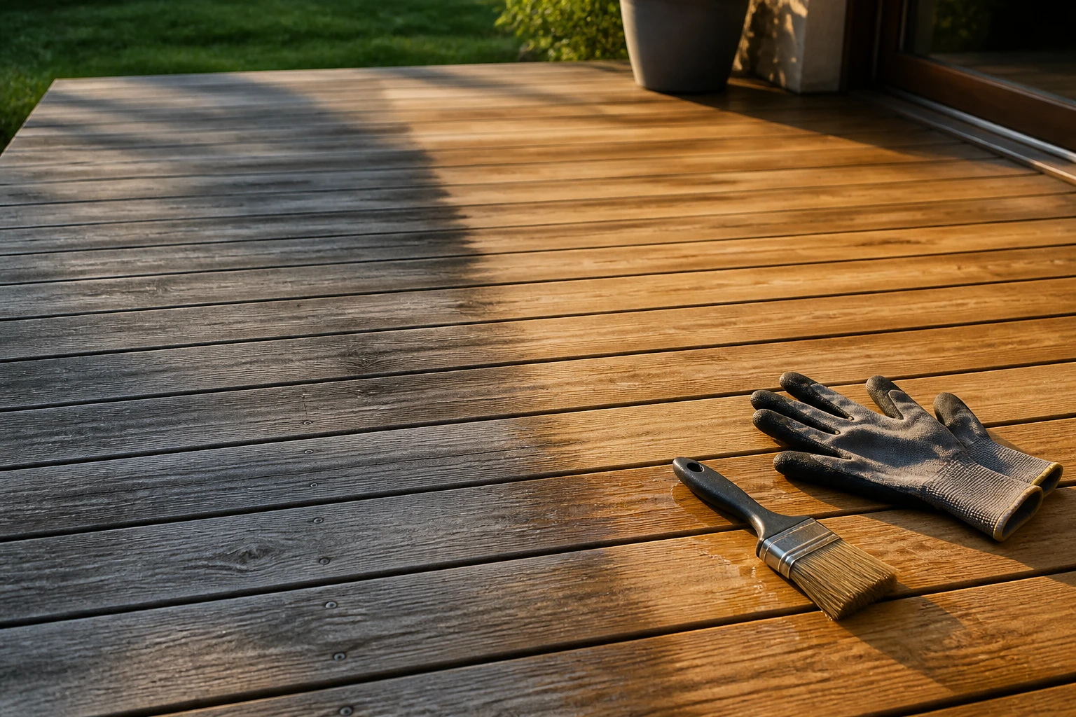 Terrasse en bois grisé partiellement éclaircie avec pinceau et gants de protection