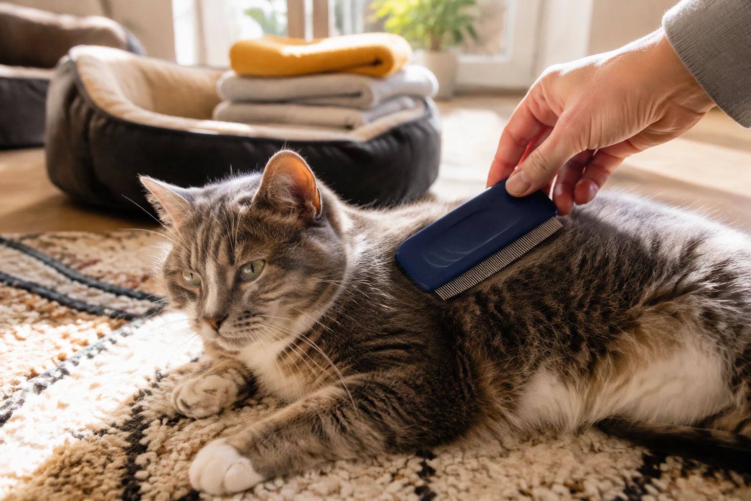 Chat traité contre les puces au peigne fin dans un salon lumineux