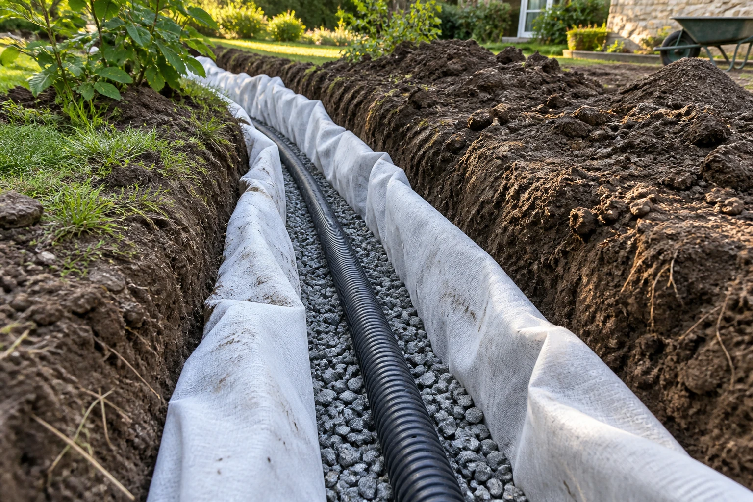 Tranchée de drainage avec géotextile, gravier et tuyau perforé posés dans un jardin
