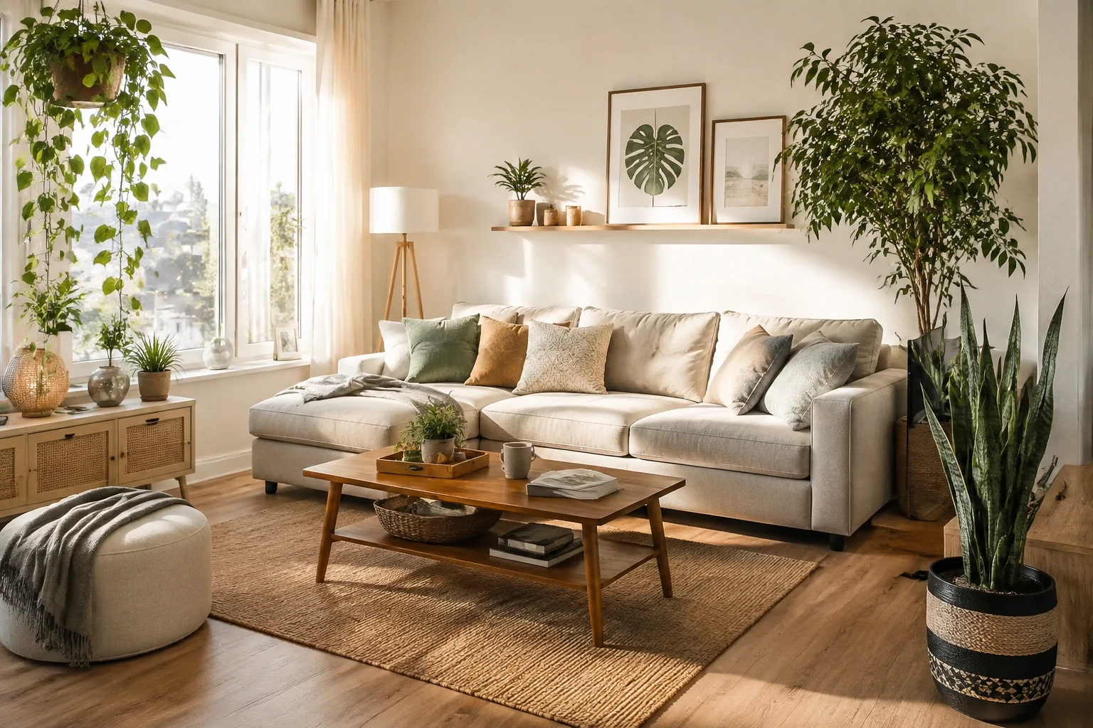 Salon lumineux décoré de plantes dépolluantes comme le pothos et le sansevieria près d'une fenêtre