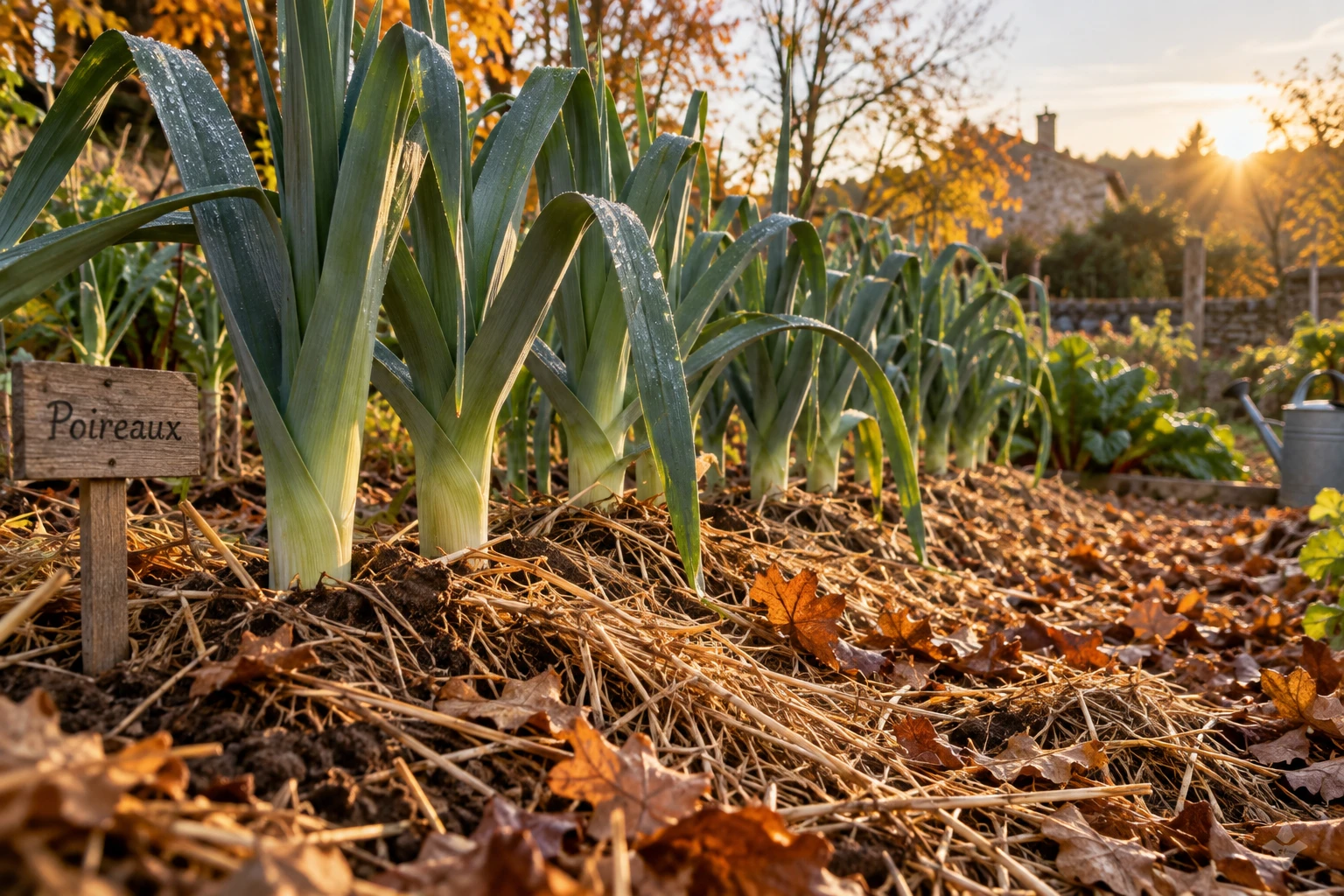 Potager paillé de paille en automne avec poireaux buttés avant l'hiver
