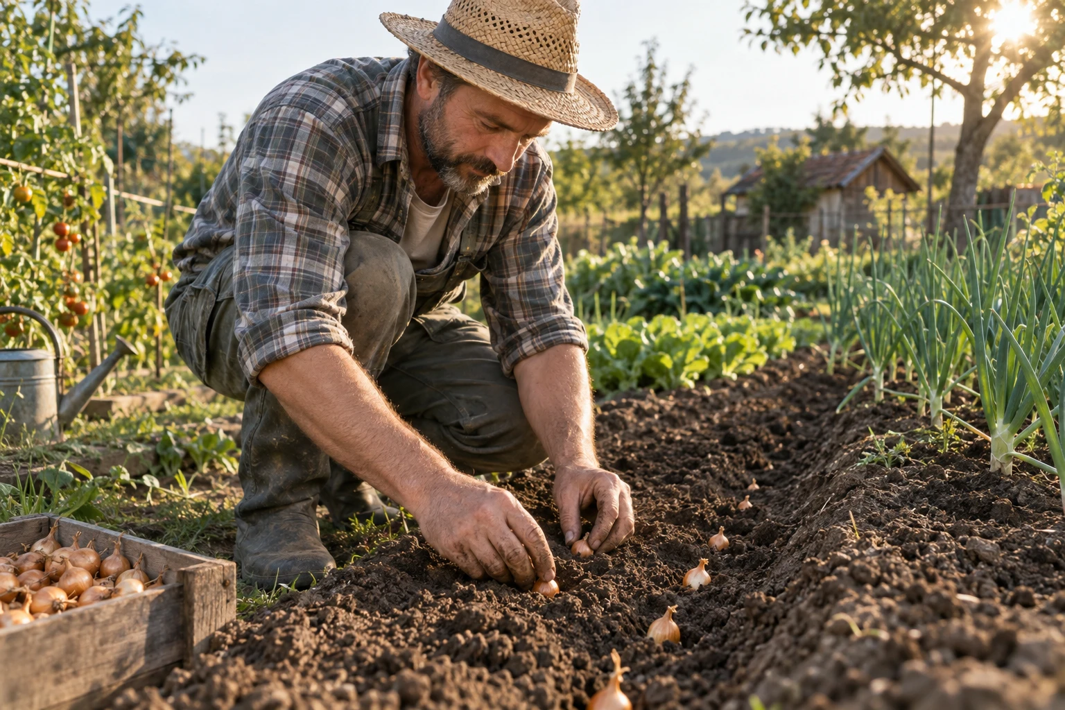 Jardinier plantant des bulbilles d'oignon dans une butte de terre au potager