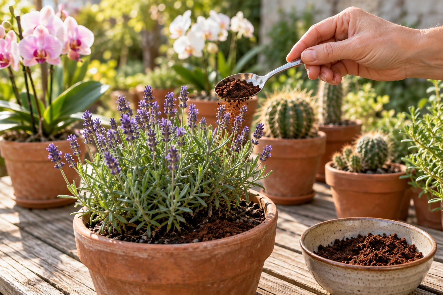 Main déposant du marc de café séché près d'un pot de lavande, avec orchidées et cactus au second plan